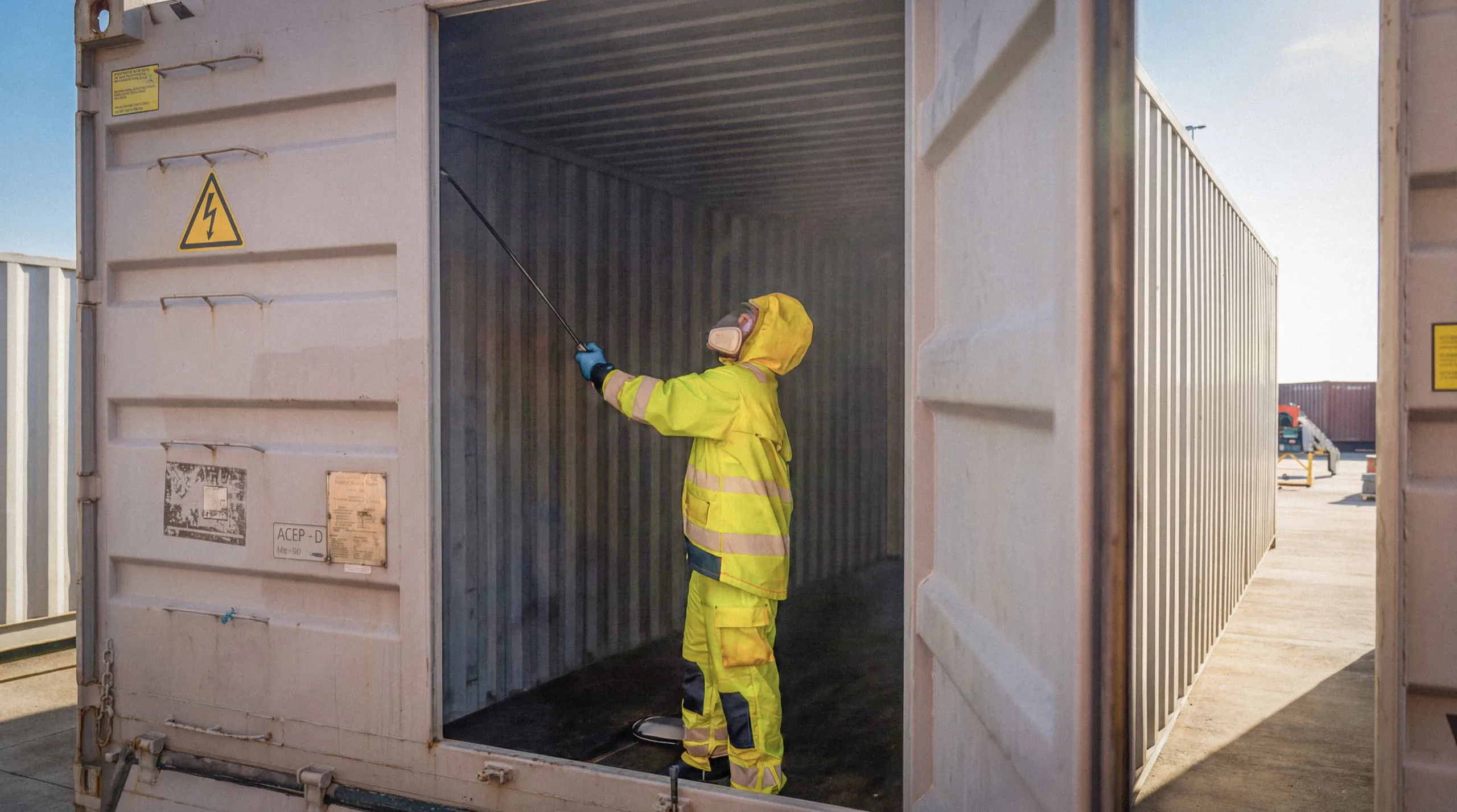 En tekniker inspekterar insidan av en öppen fraktcontainer.
